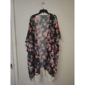 Hibluco Floral Kimono Cardigan Sheer Chiffon Lace Trim Cover Up Black XL